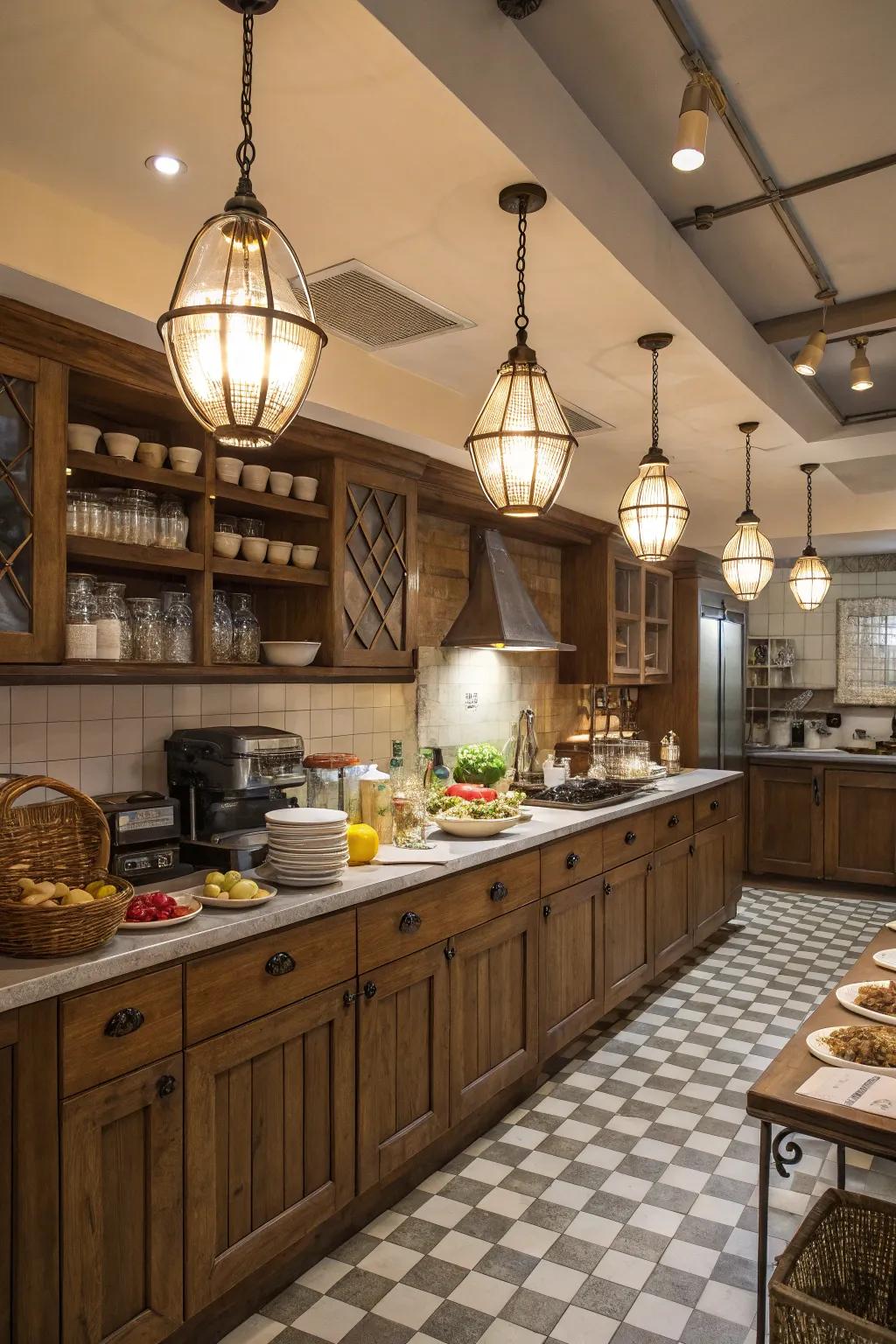 Vintage-inspired fixtures infuse character and warmth into this culinary space.