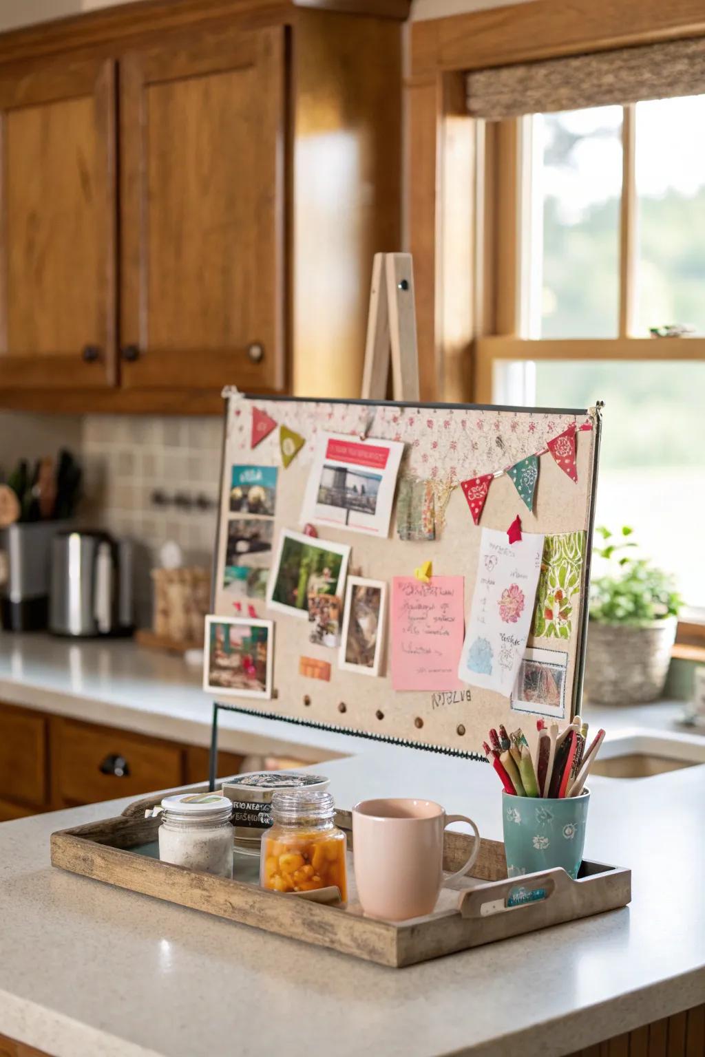 A notice board brings a personalized touch to the kitchen.