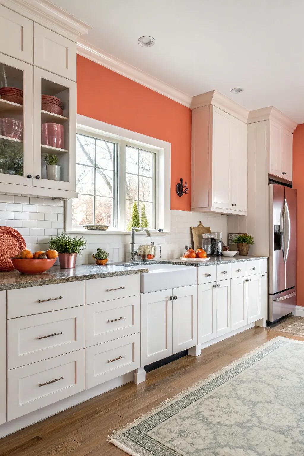 Striking tangerine walls provide a vibrant and energetic contrast.
