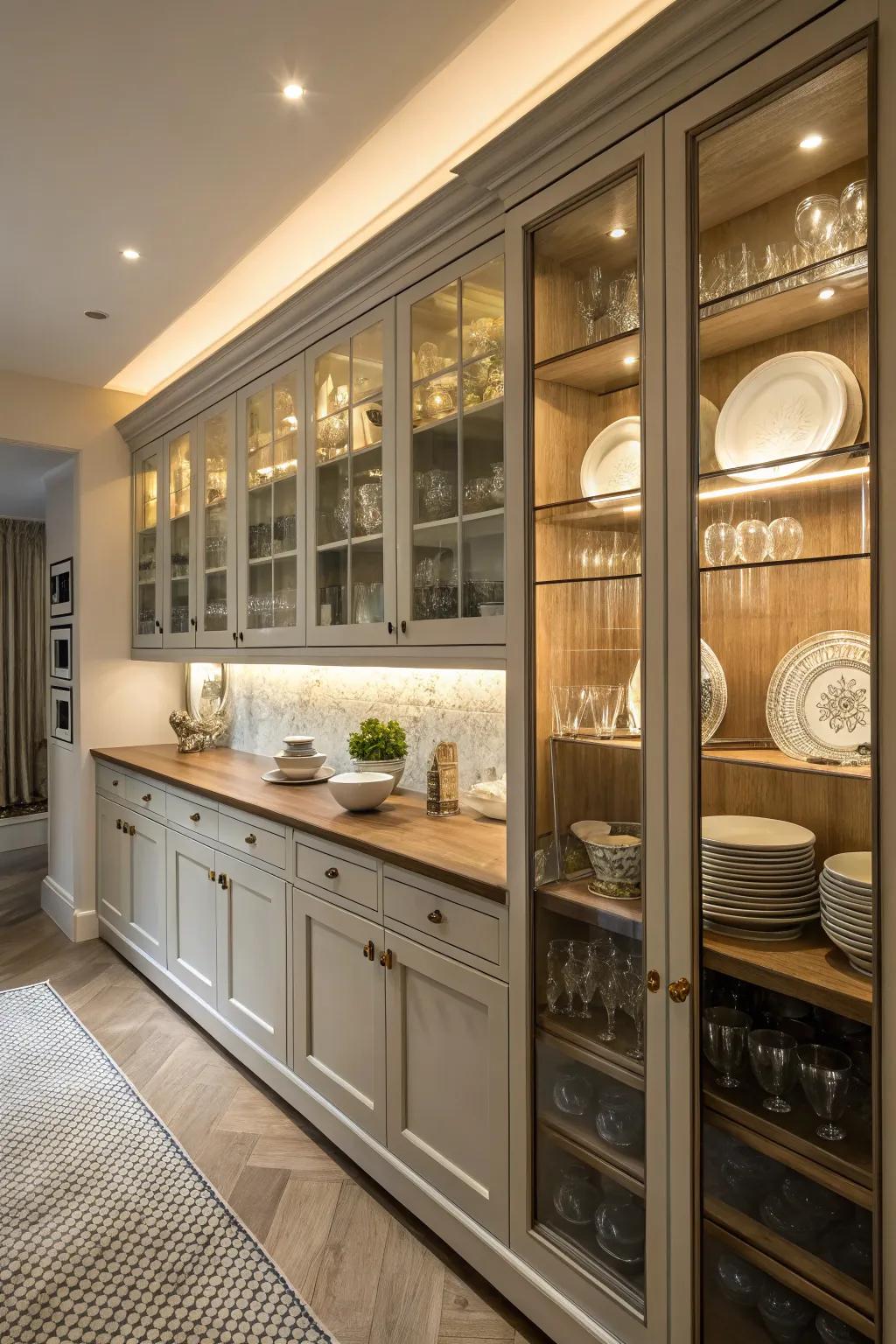 Glass cabinets provide a sense of airiness and sophistication.