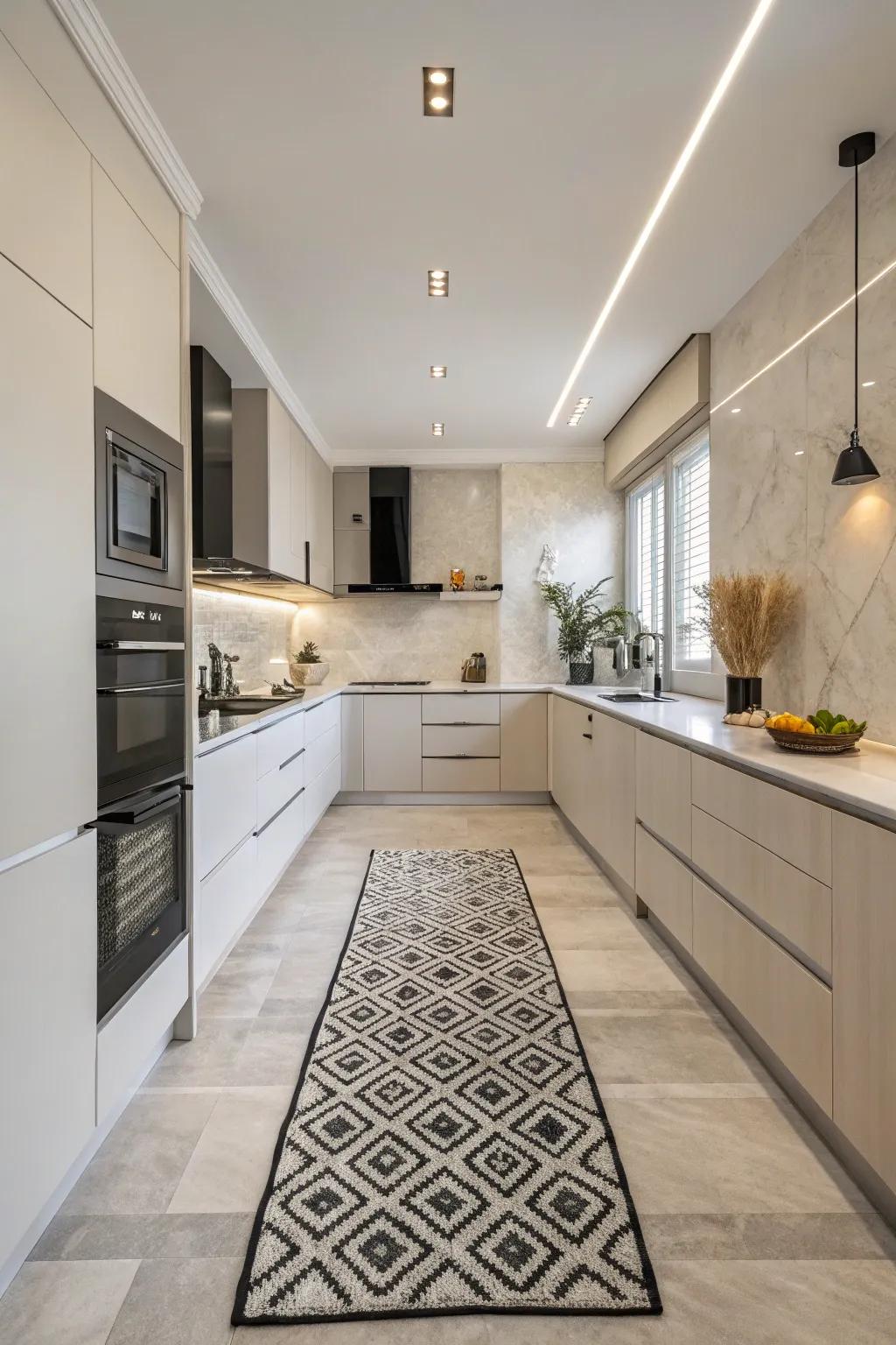 Monochrome rugs fashion a refined and unified aesthetic within minimalist kitchens.