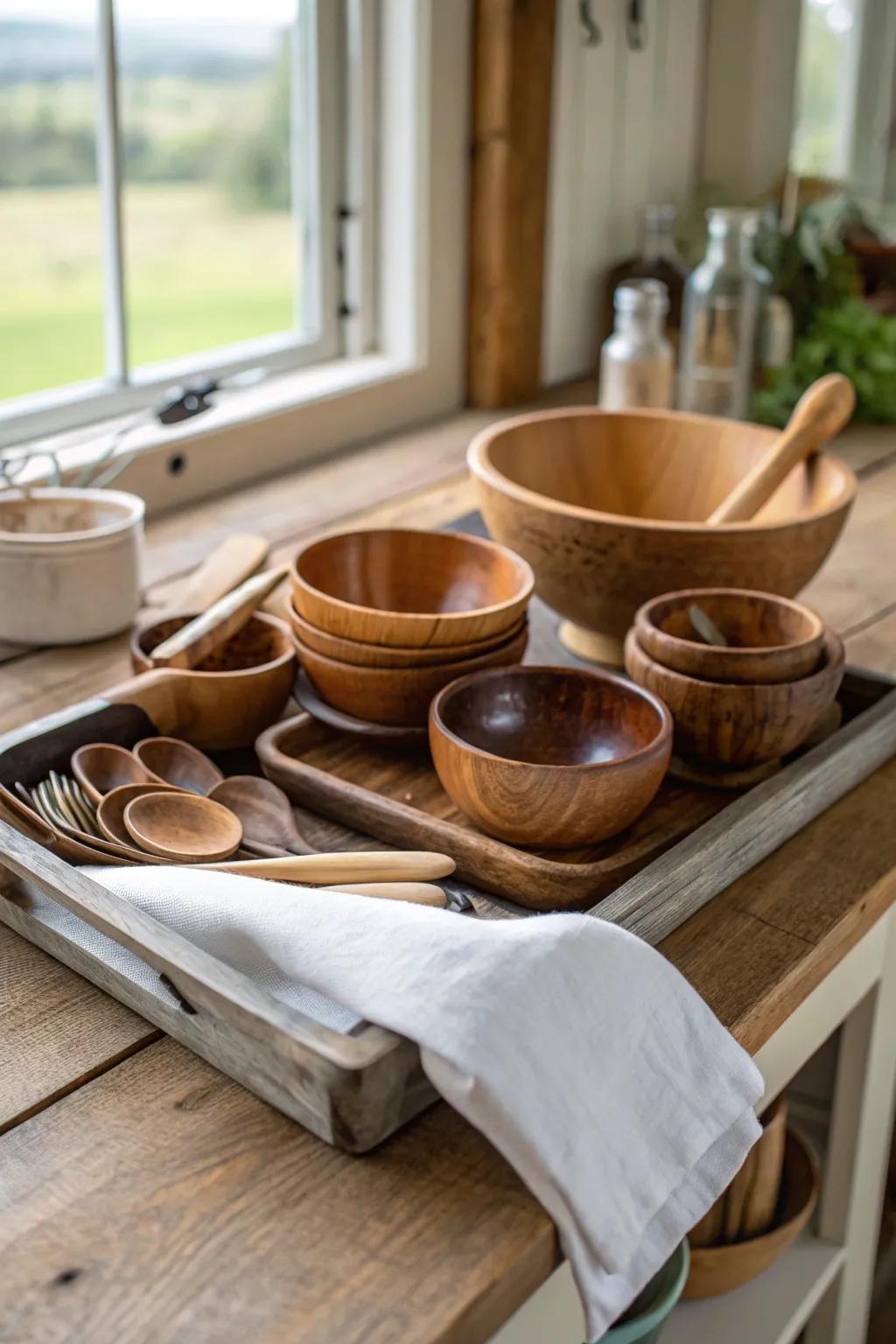 Wooden elements infuse provincial comfort throughout culinary design.