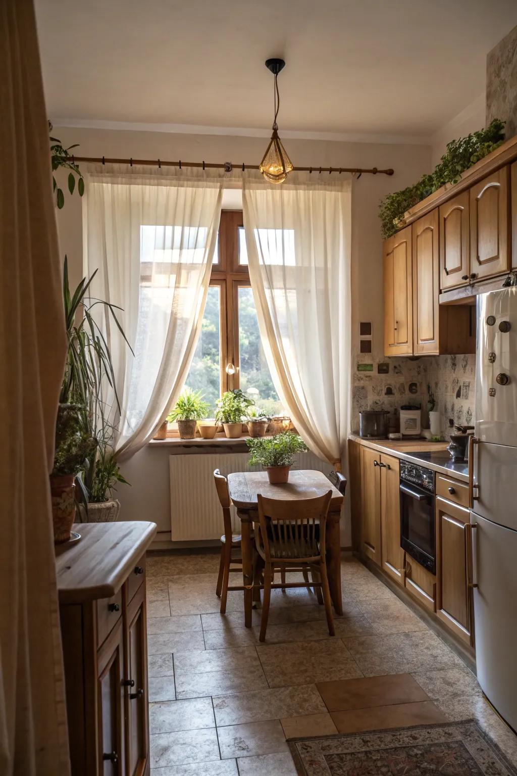 Ground-length curtains convey theatricality and vogue to any kitchen.