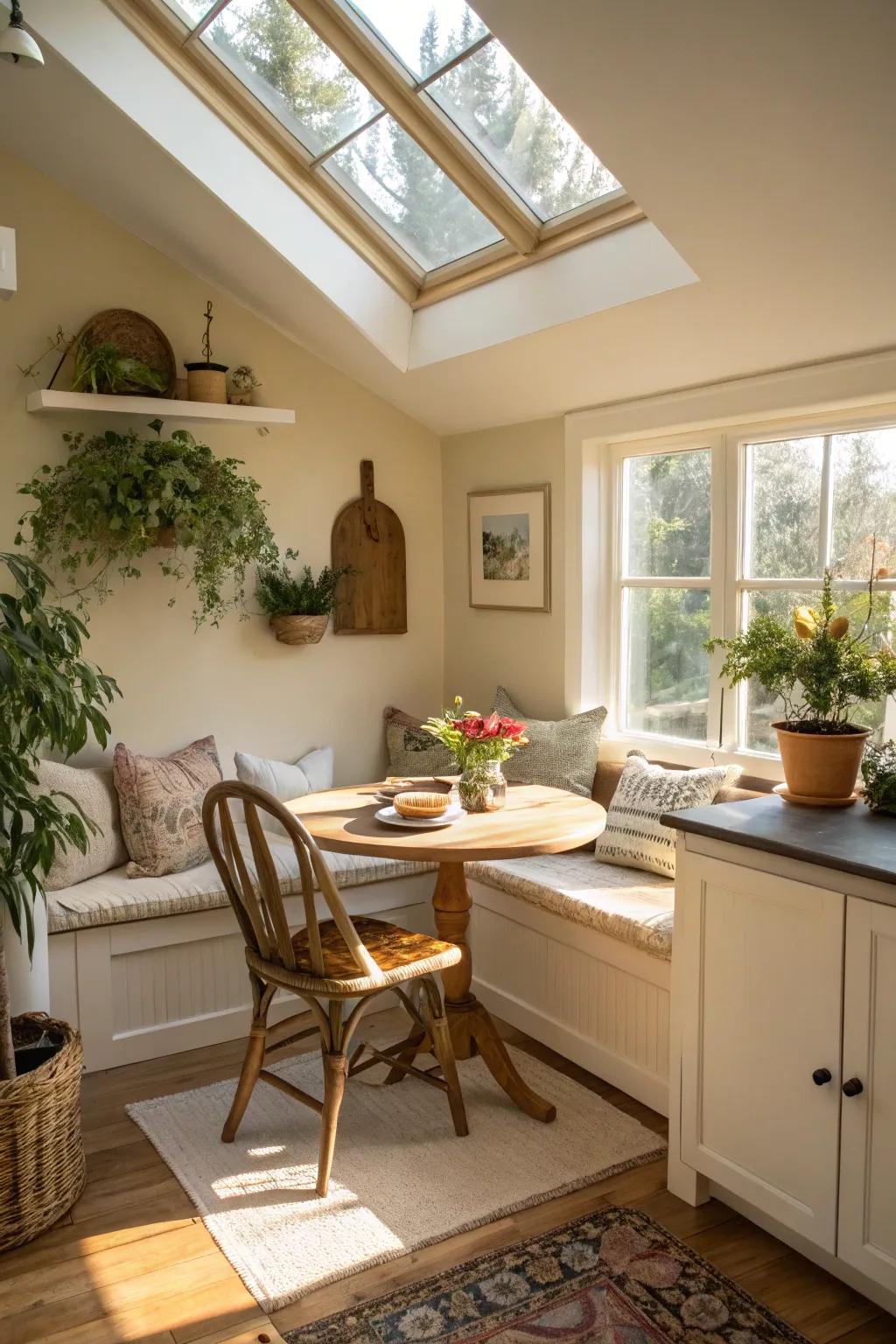 A skylight transmutes a breakfast enclave into a snug, sunlit sanctuary.