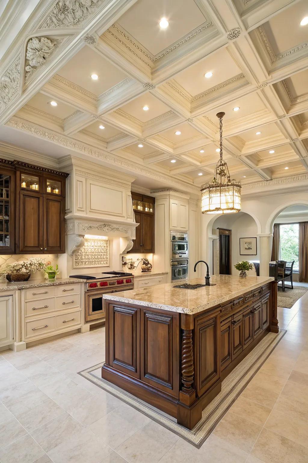 Panelled ceilings introduce sophistication and depth to the kitchen.
