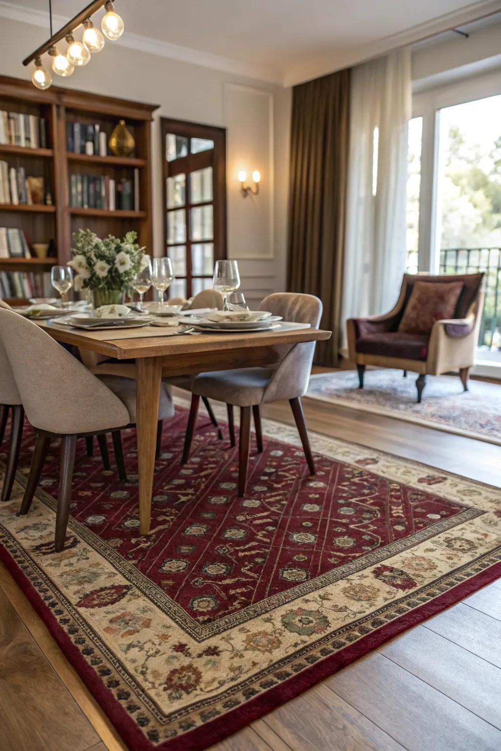 A mat can define the dining area and add warmth.