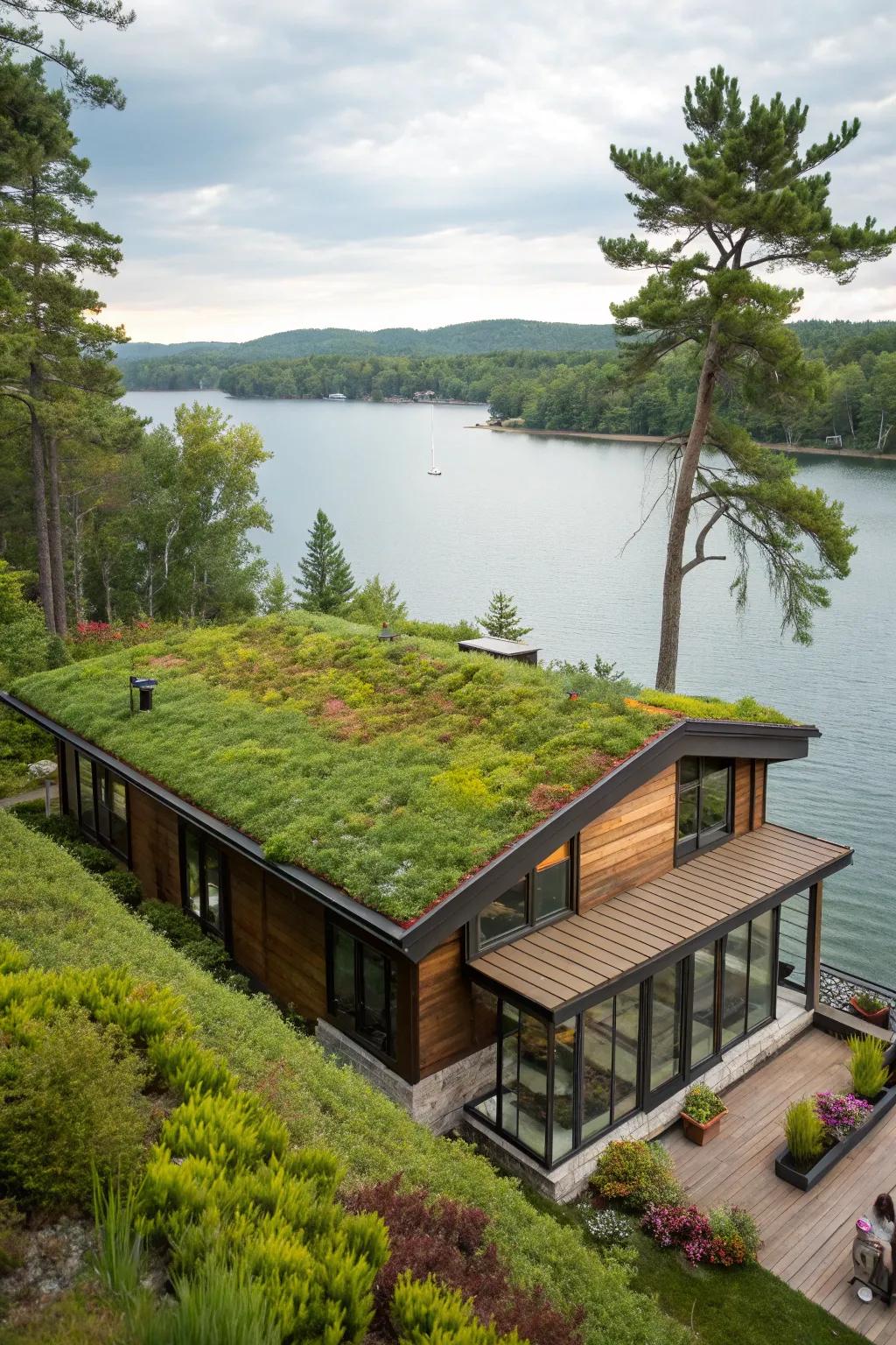 An eco-conscious green roof blending in alongside the natural surroundings.