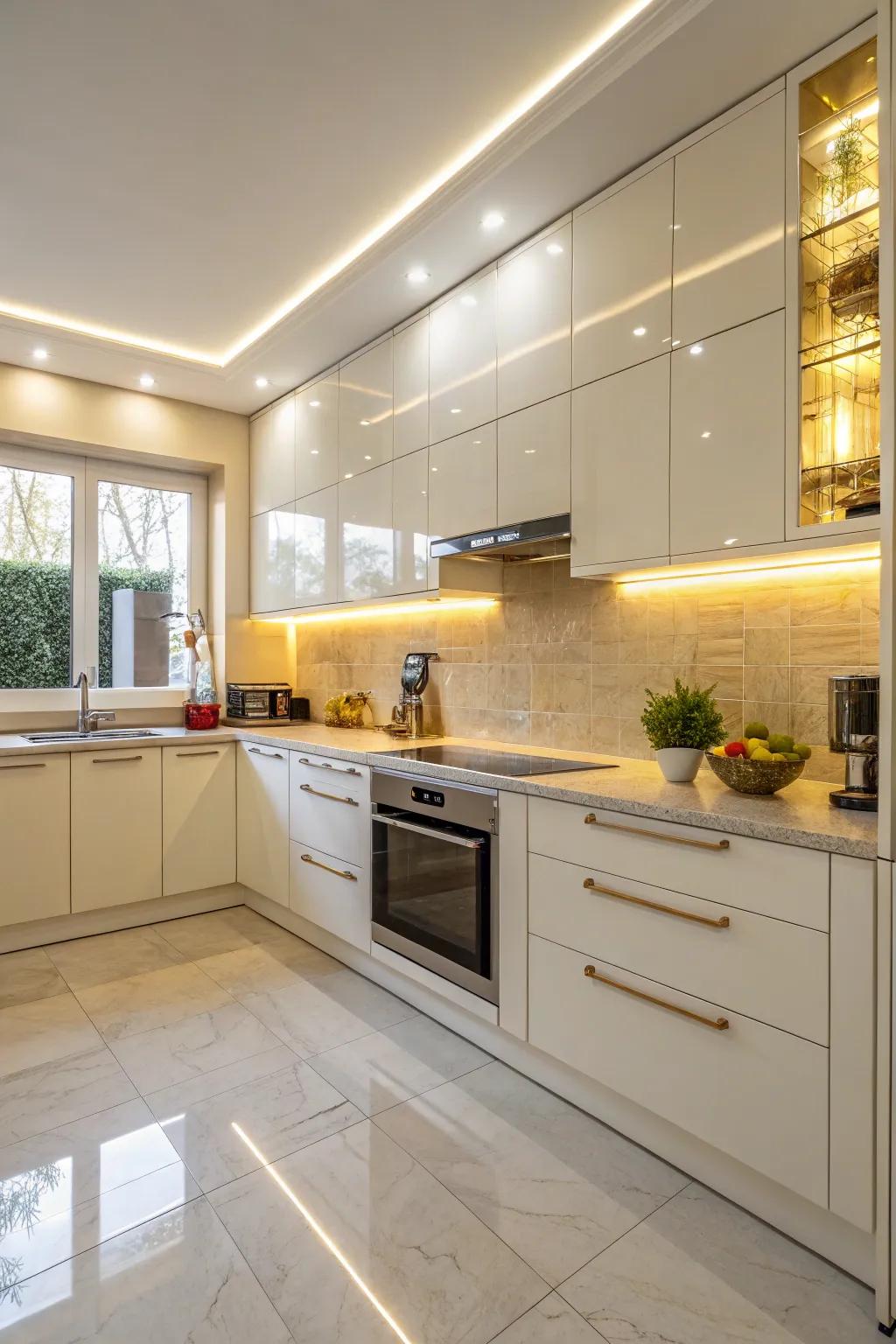 Polished laminate backsplash bounces illumination to brighten the surrounding area.