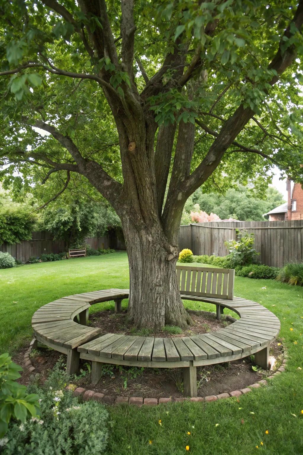 A tree encircled by a wooden bench, crafting an inviting seating zone.