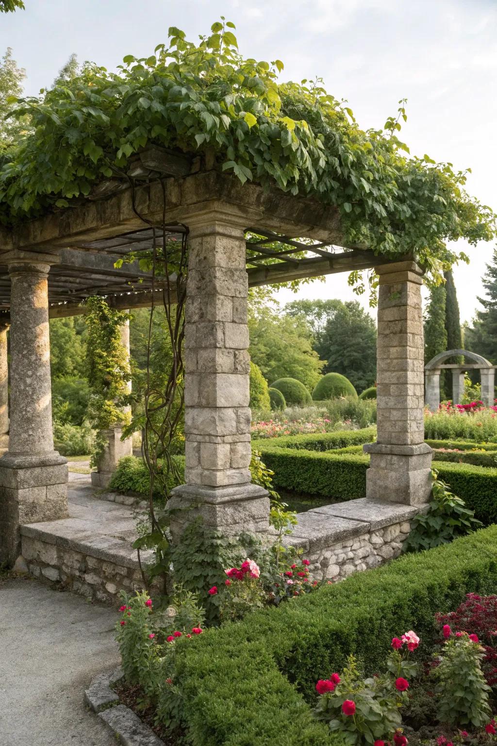 Stone pergolas offer shade and support for climbing plants.