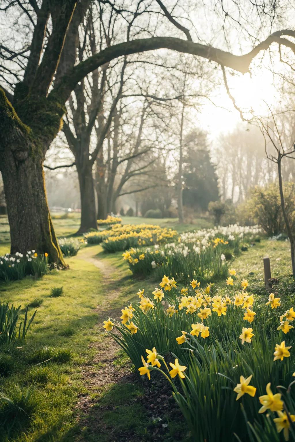 Radiant daffodils illuminating a shaded nook of the garden.