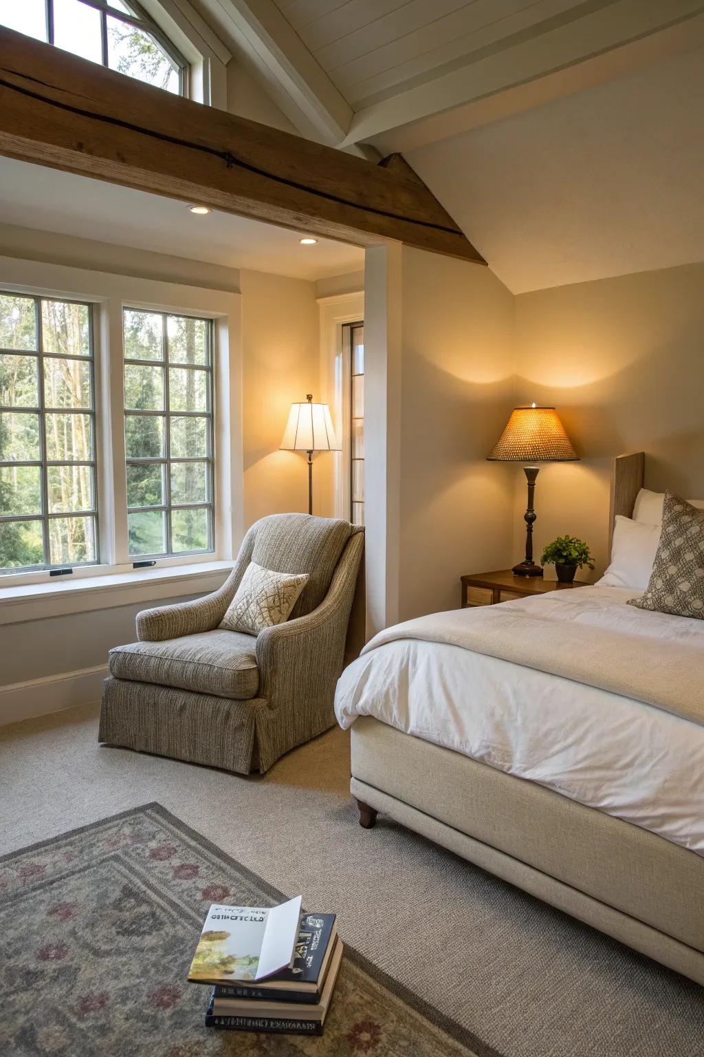 A literary nook provides a cozy sanctuary within this expansive bedroom.