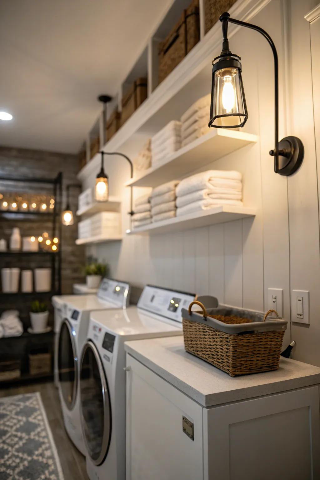 Wall-mounted accent lights introduce drama and highlight features.