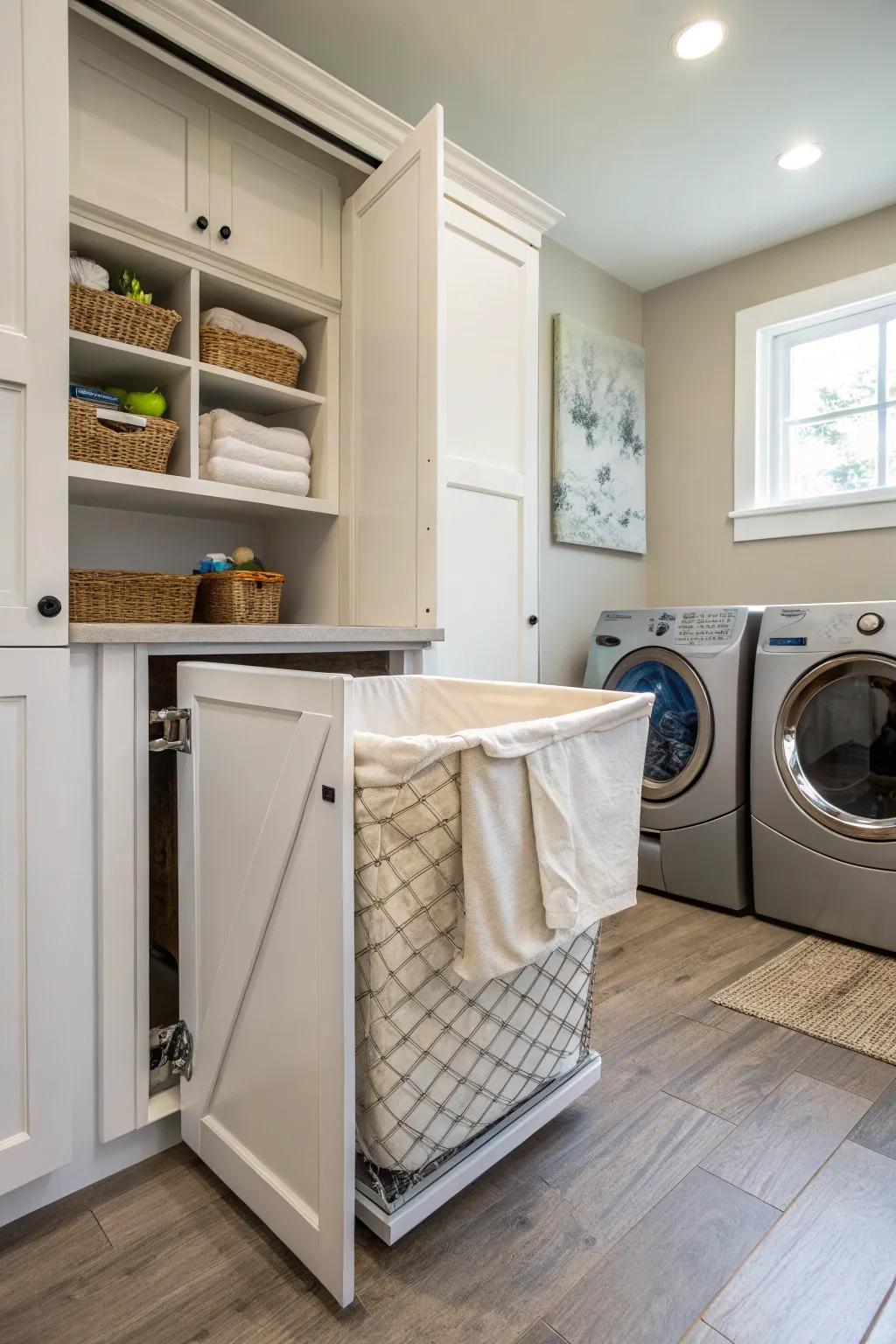 A hidden hamper will keep all of your dirty laundry out of sight.