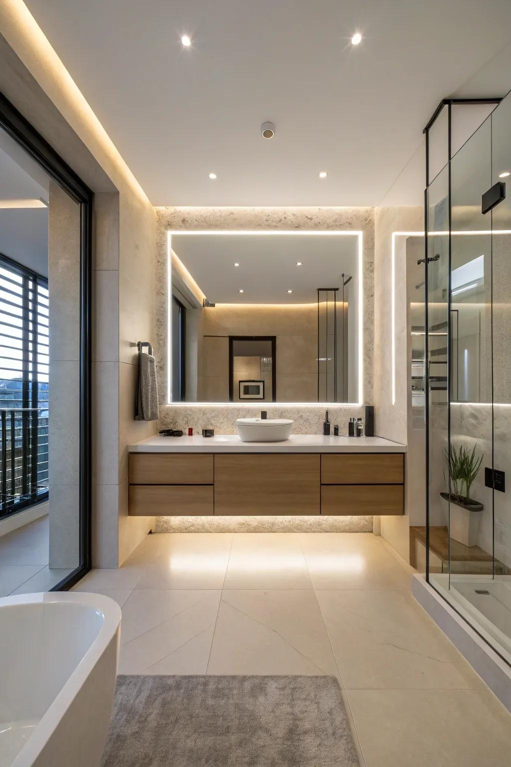 A modern bathroom showcases an LED mirror that creates a 'floating' impression.