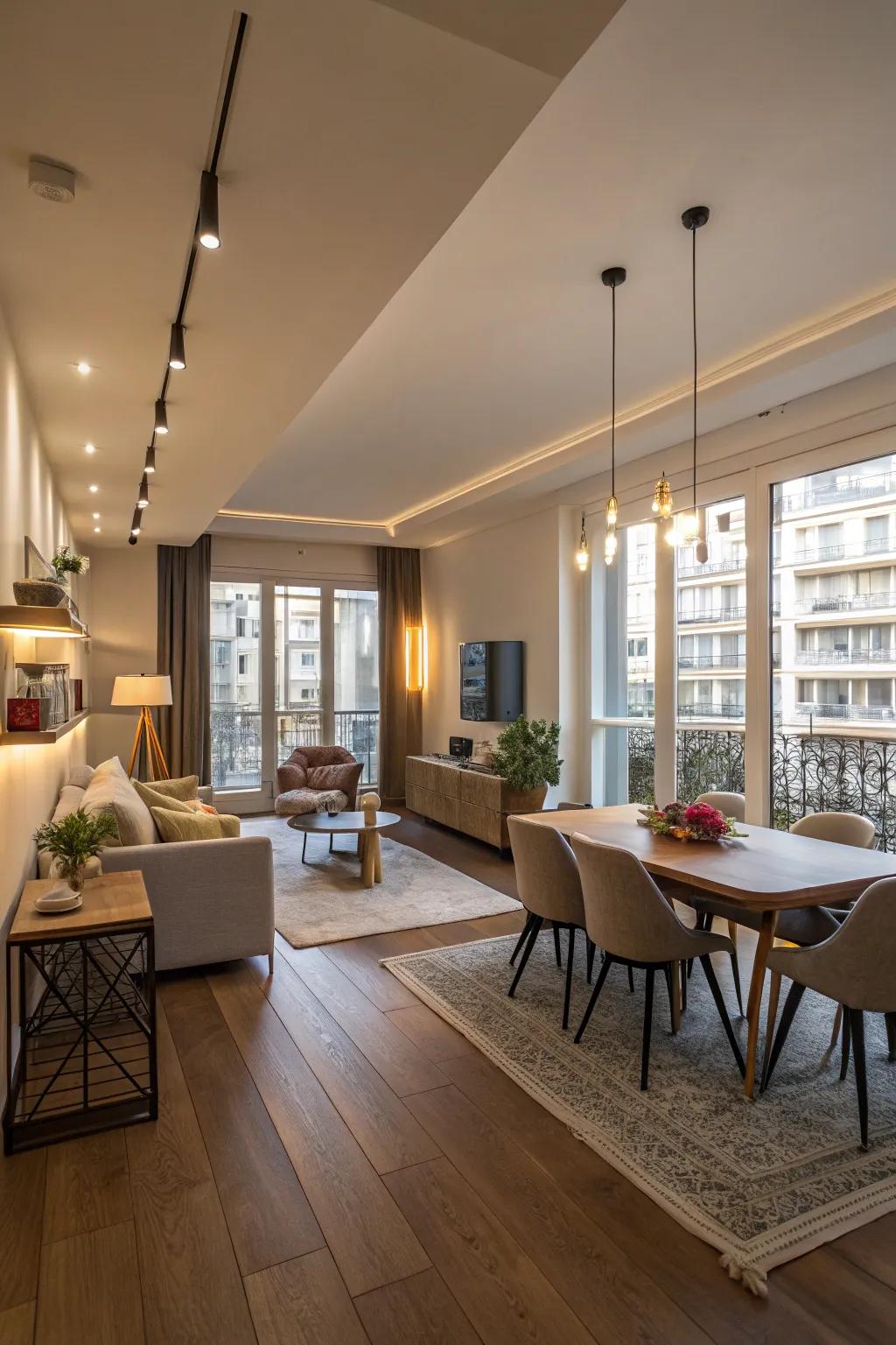 Lighting zones effectively delineate spaces within unrestricted-plan apartments.