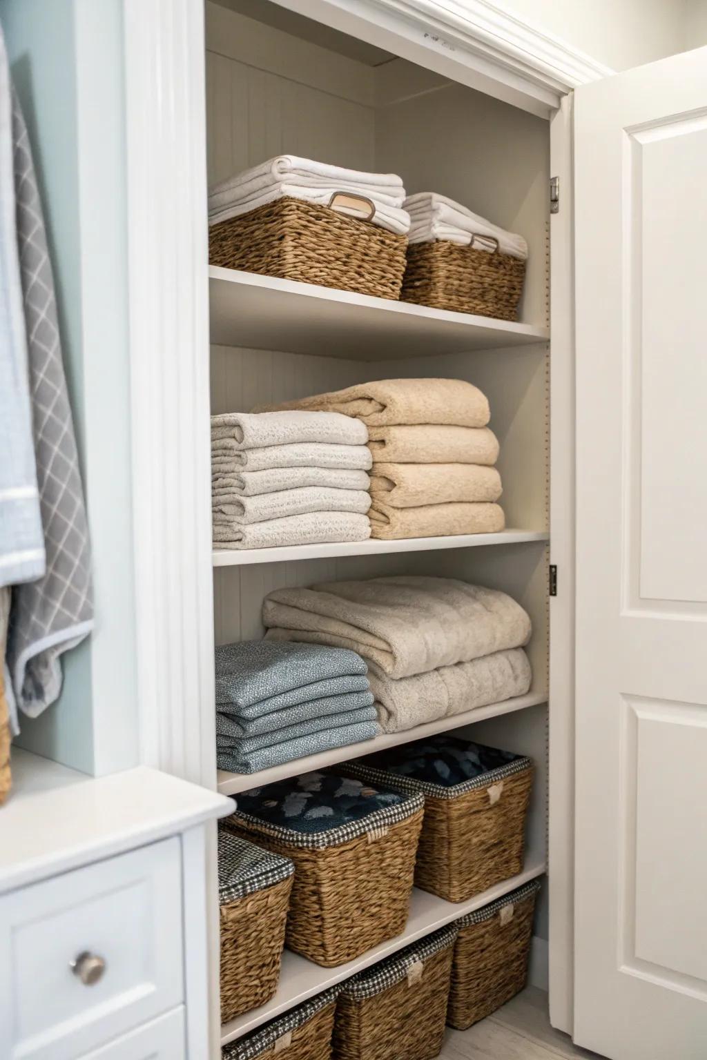 Corner shelves unlock additional storage within a linen closet.