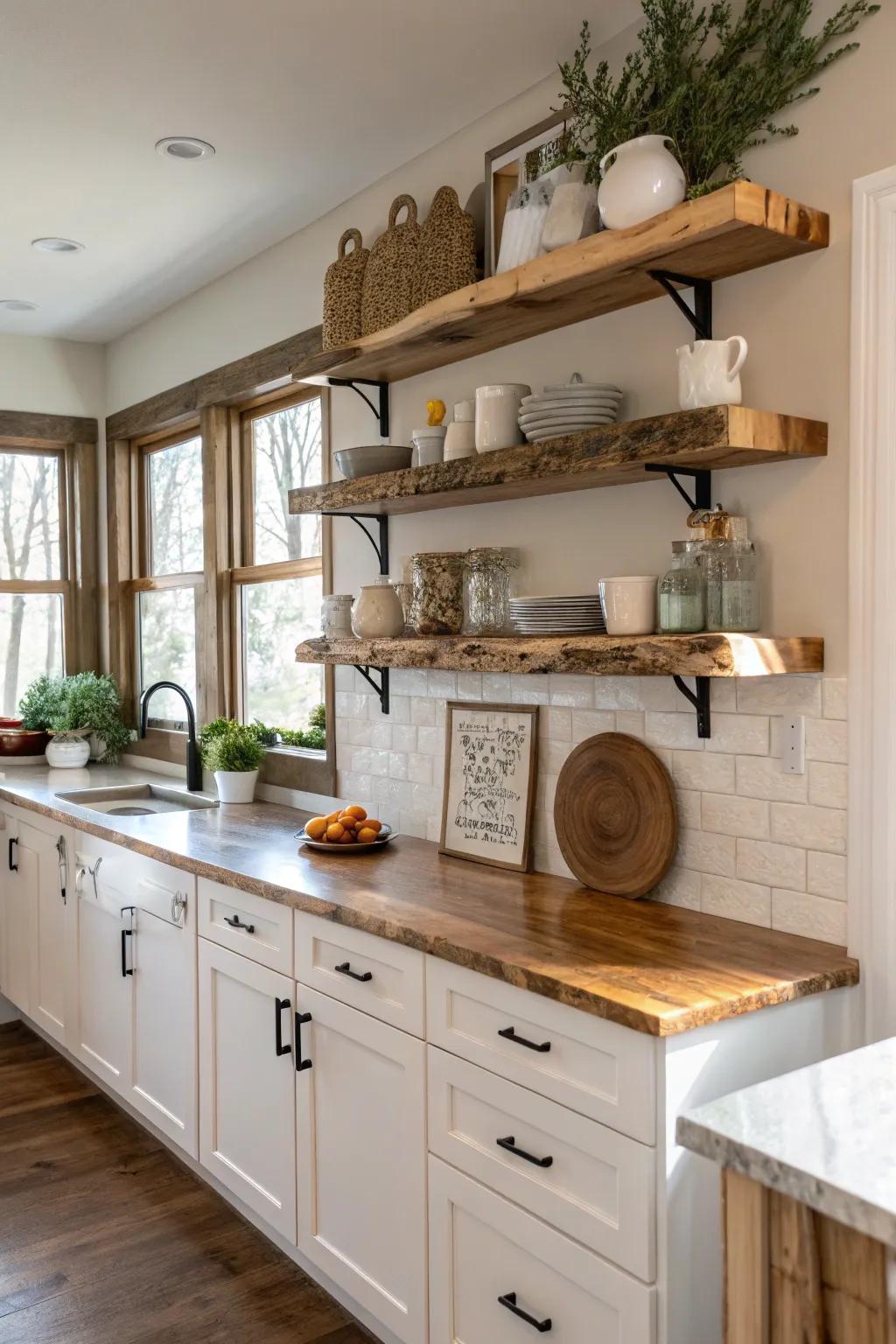 Live edge shelving incorporating a cohesive and natural aspect to the kitchen.