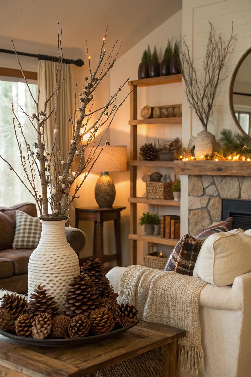 Natural elements like pinecones and branches add an earthy touch to your decor.