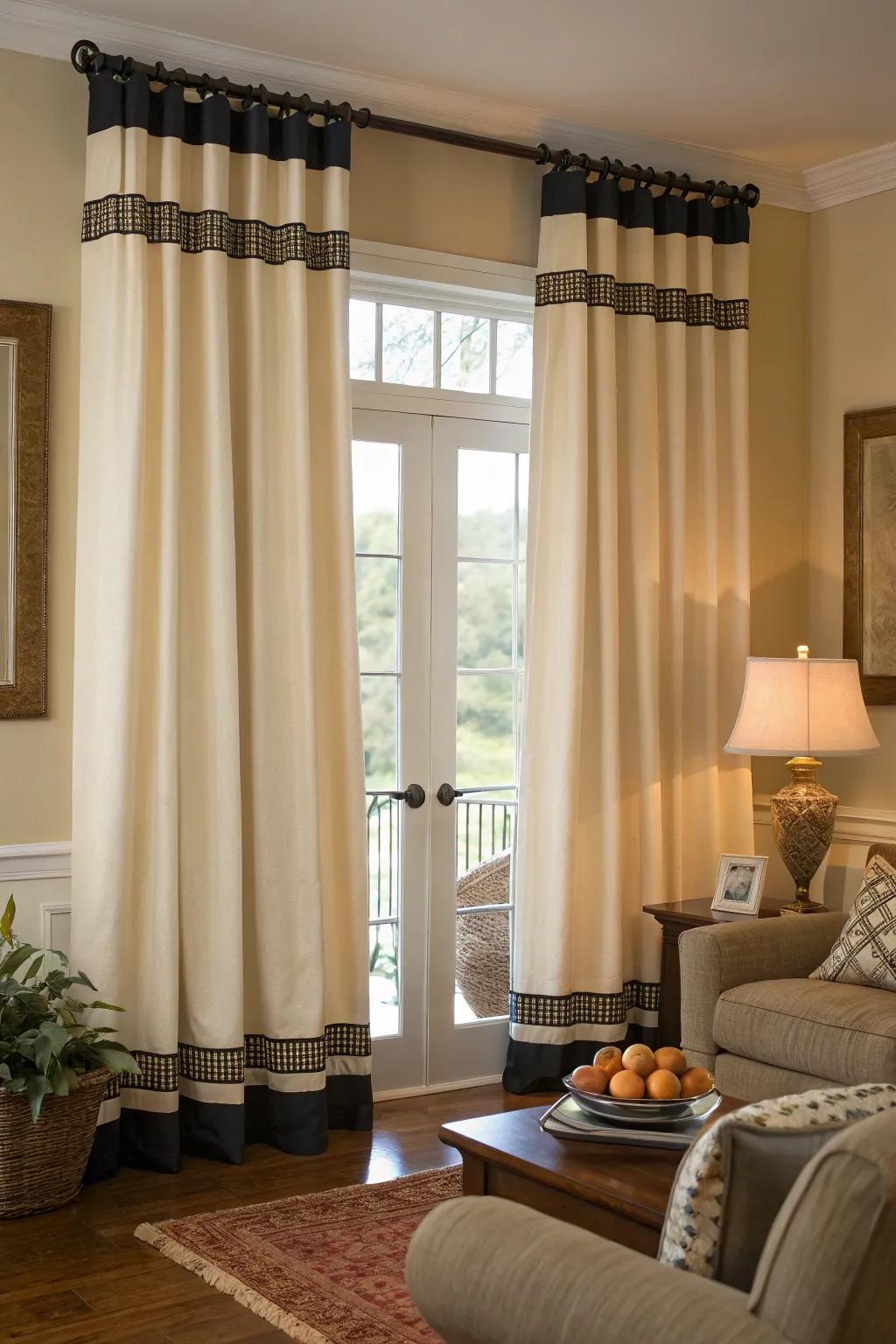 Contrasting perimeters on window coverings can elegantly delineate your living space windows.