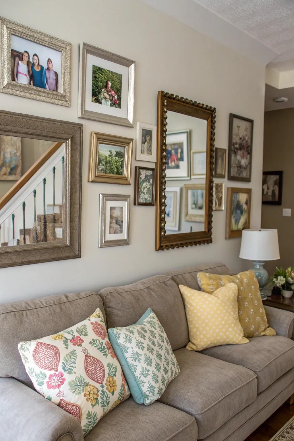 Looking glasses add light and expand the visual space on your photo display.