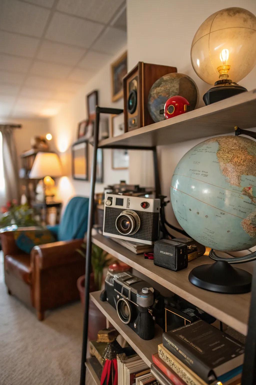 Unforeseen objects imparting intrigue to the shelves.