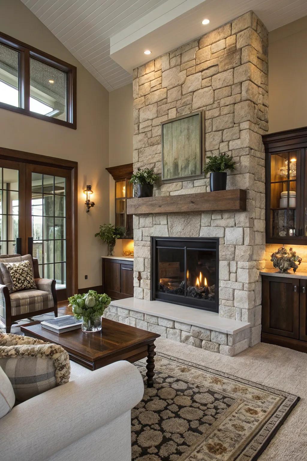 Stone and glass create a stunning modern fireplace design.