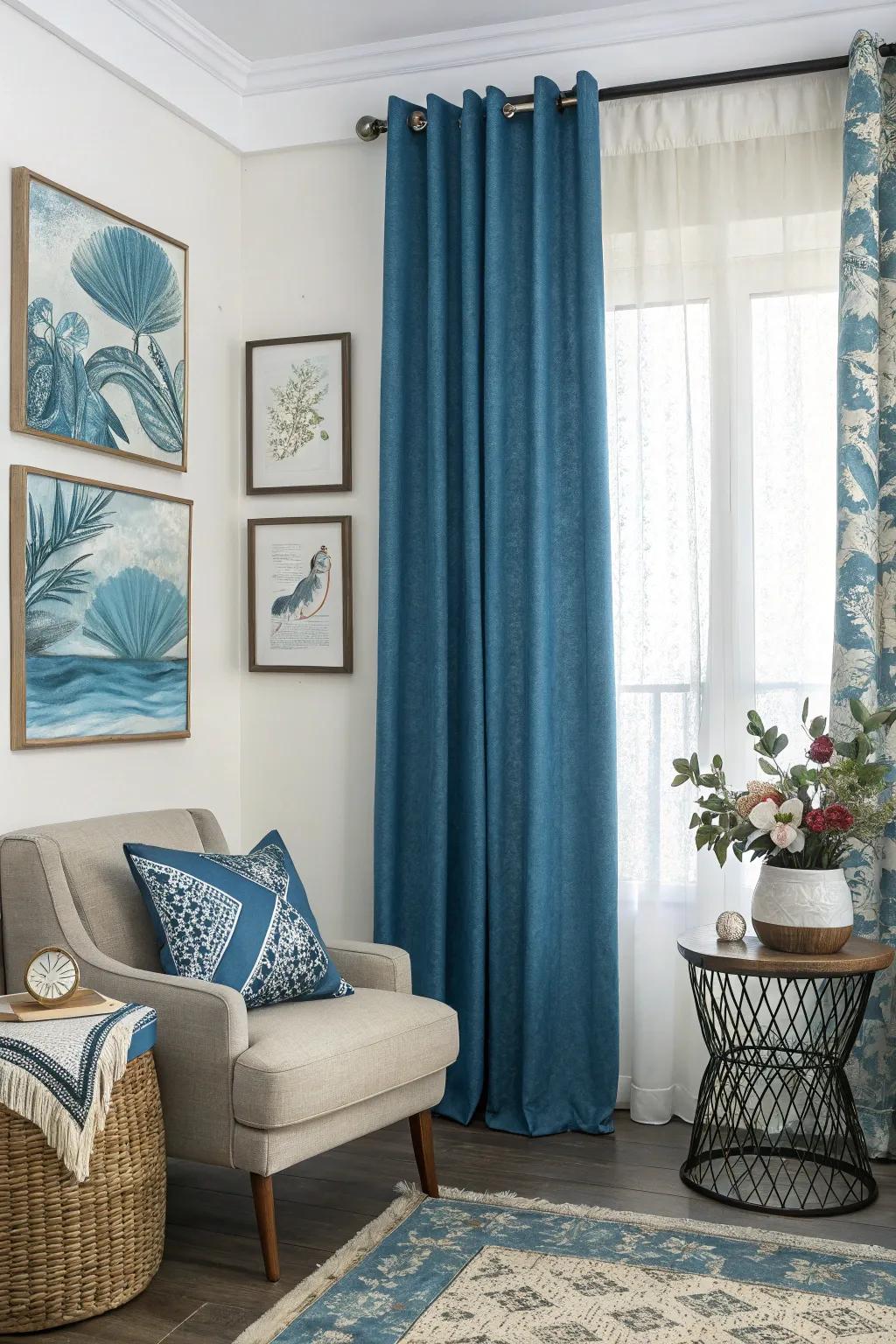 Art pieces with azure tones enrich the ornamental design, exquisitely supplementing the azure window coverings in this gathering space.