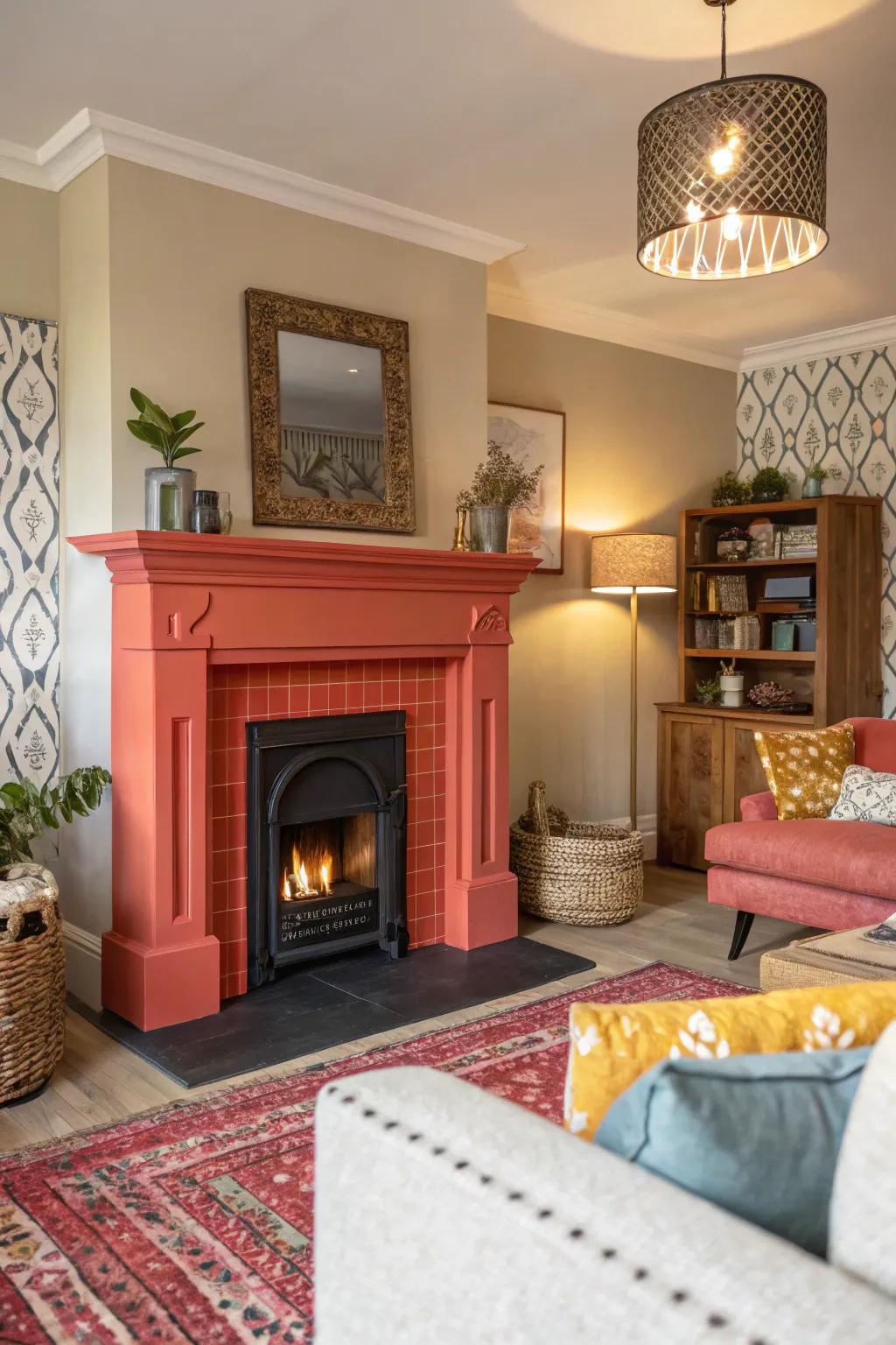 A striking living room, enhanced by a vibrantly painted fireplace creating a lively focal point.