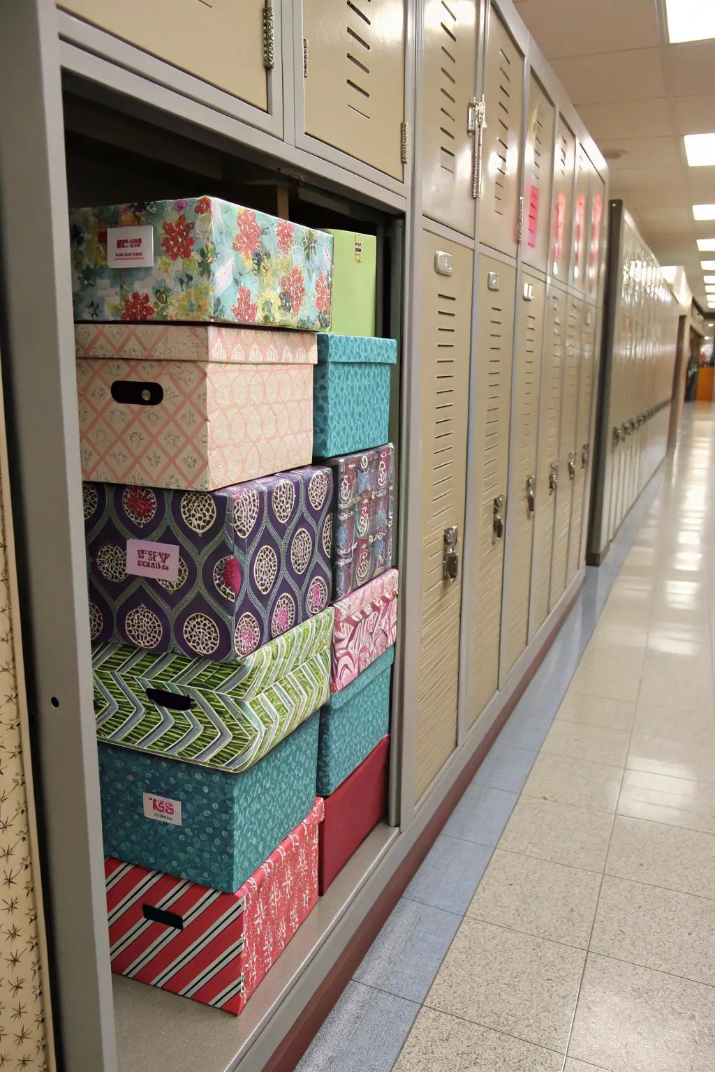 A locker utilizing repurposed containers as holding solutions, wrapped in ornamental covering.