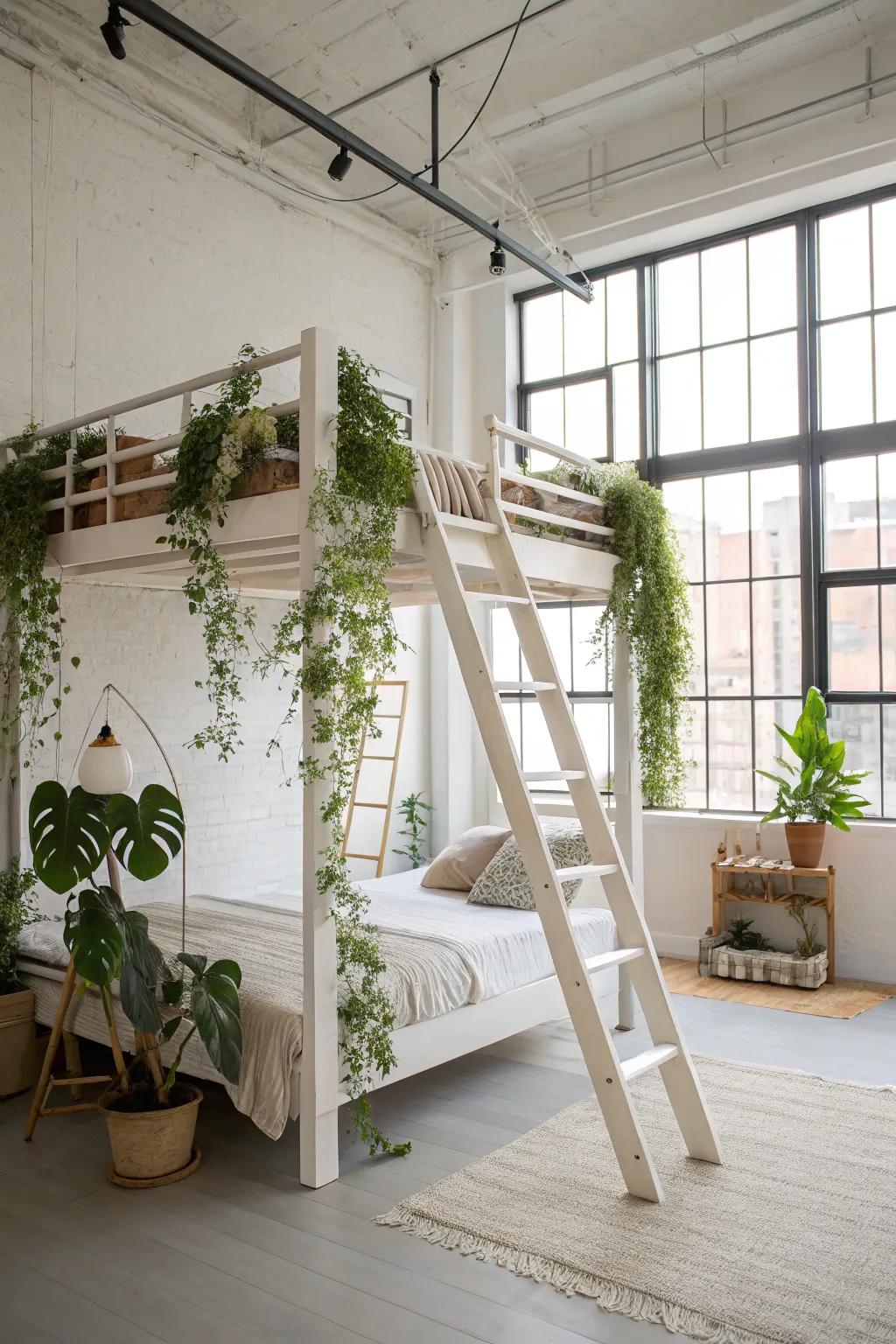 Hanging plants around platform beds invigorate the space with natural beauty.