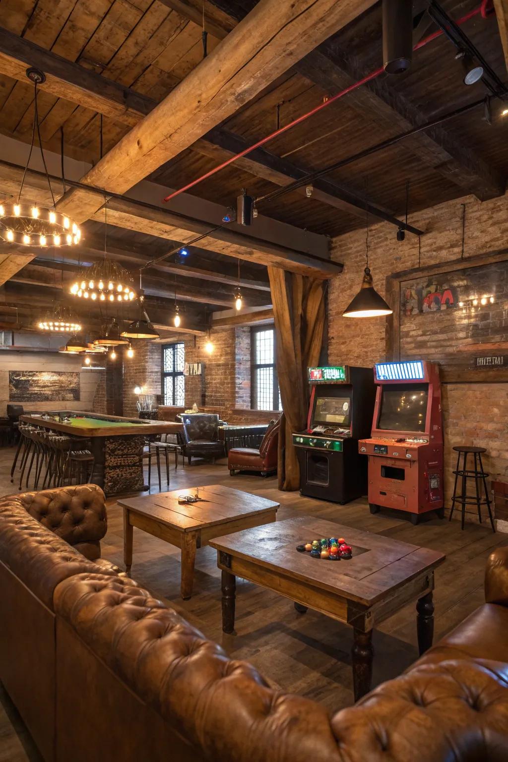Rustic components add warmth and coziness to the game area.