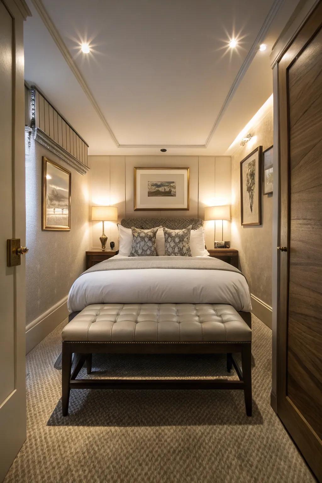 A bench adds style and function to your bedroom.