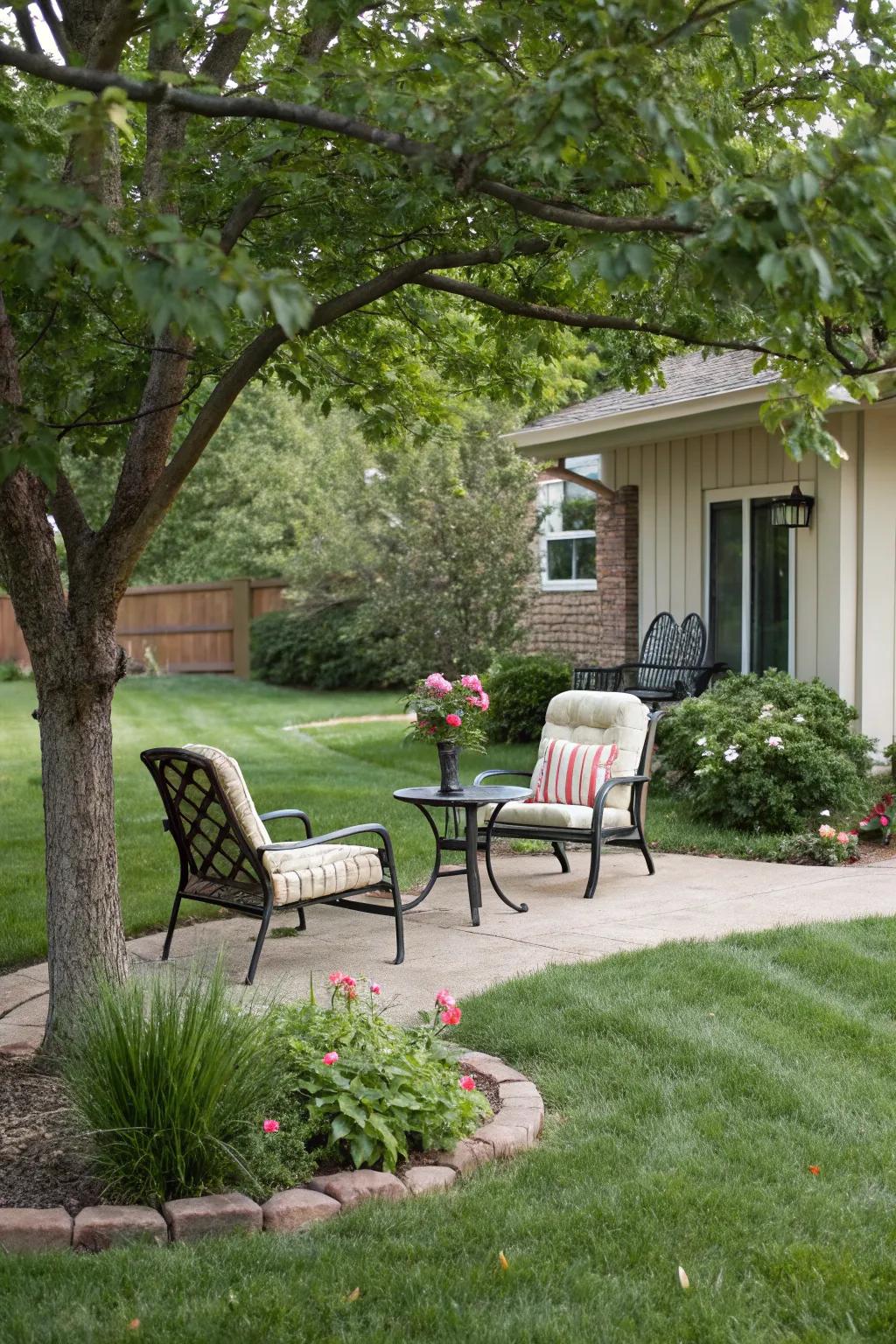 A relaxation space offers a tranquil sanctuary in the yard.