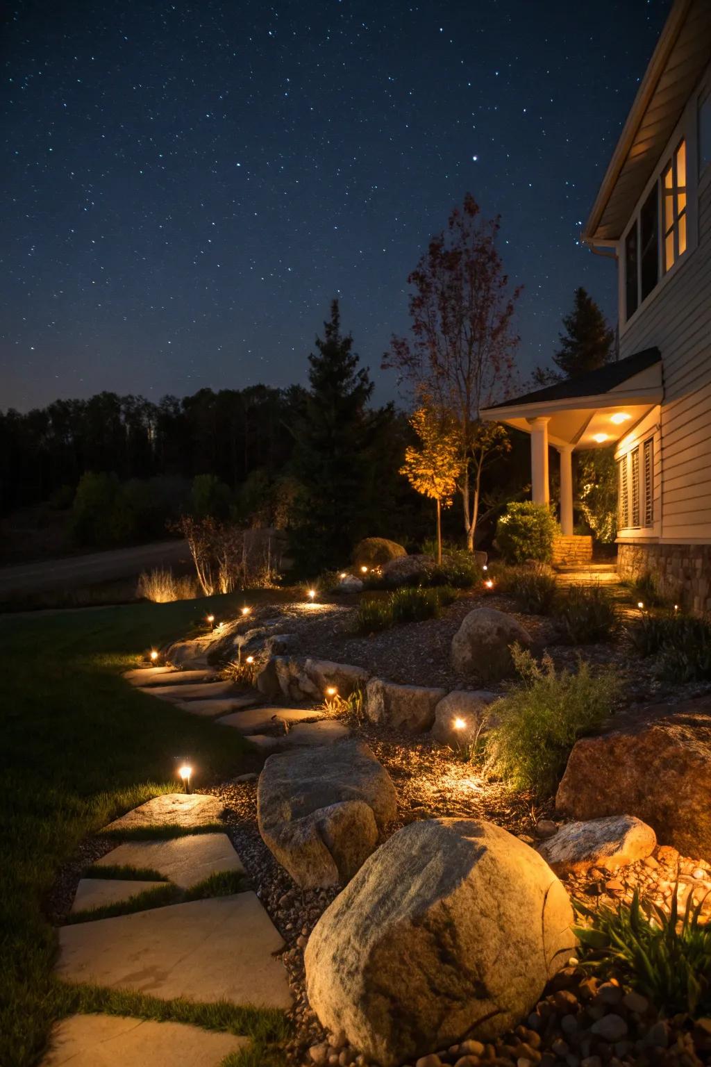 Accent illumination augmenting stone elements during twilight.