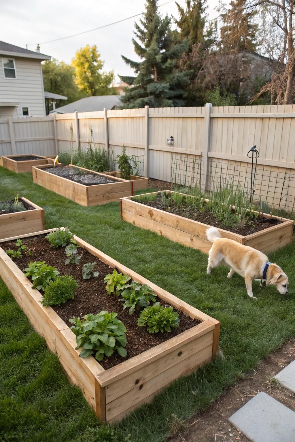 Elevated garden beds infusing style and shielding into the garden.