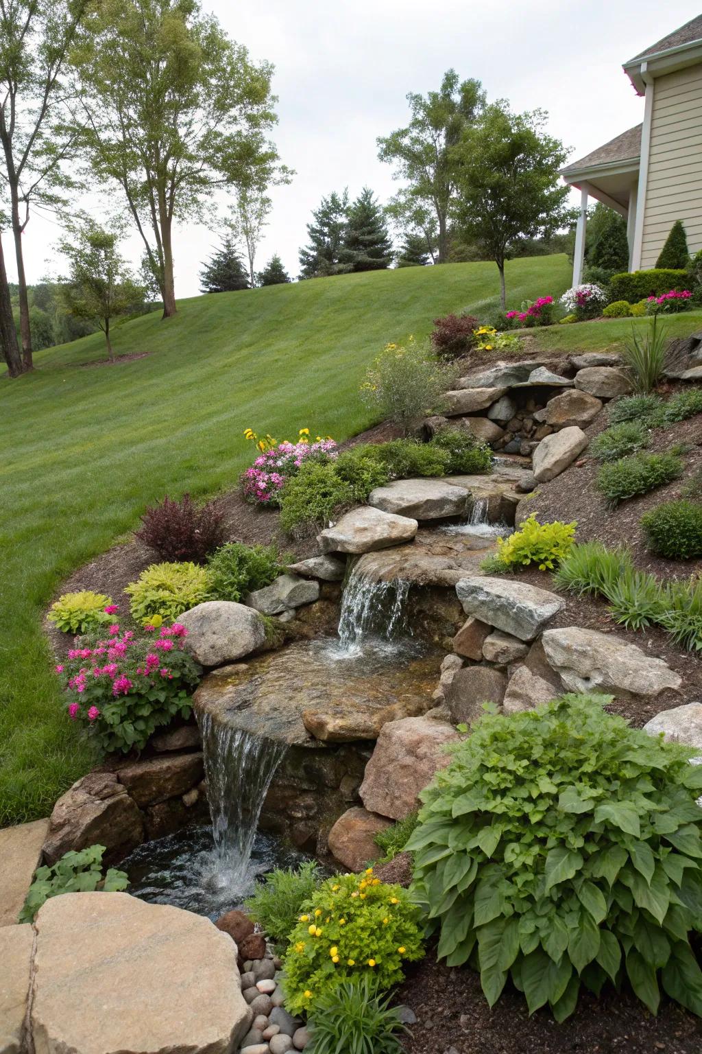 Water features add tranquility and appeal to sloping landscapes.