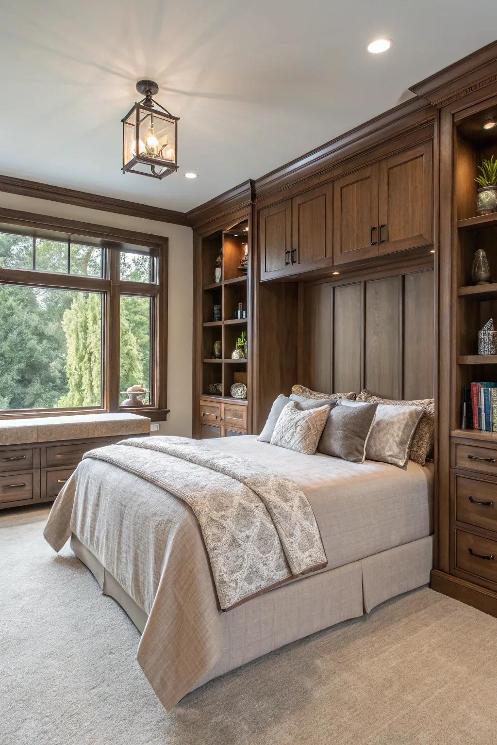 A luxurious bedroom featuring custom fixtures for a seamless design.