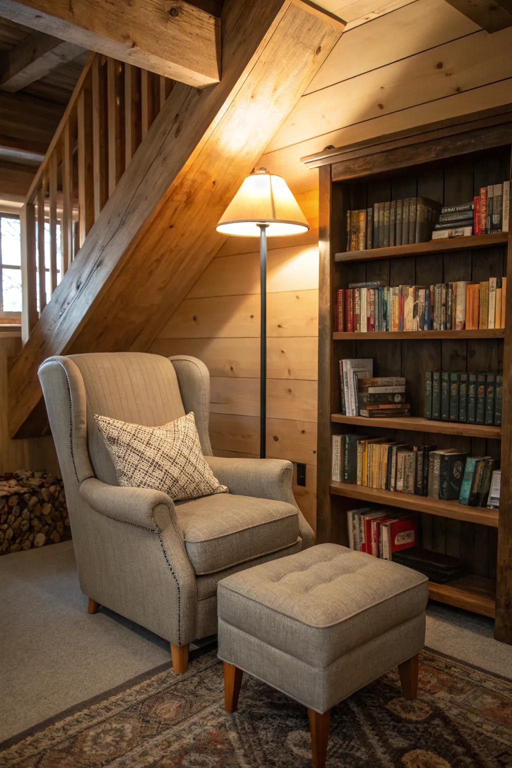 An intimate reading corner delivers a serene retreat inside this man cave.