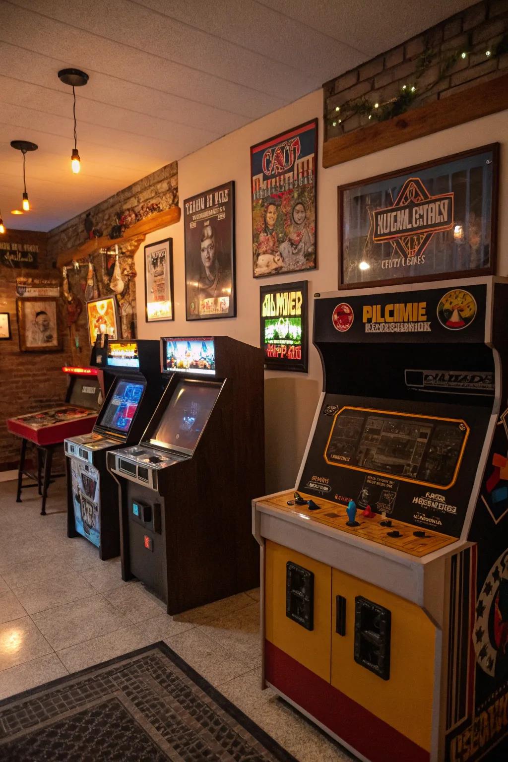 Vintage arcade diversions conveying nostalgia to a man cave.