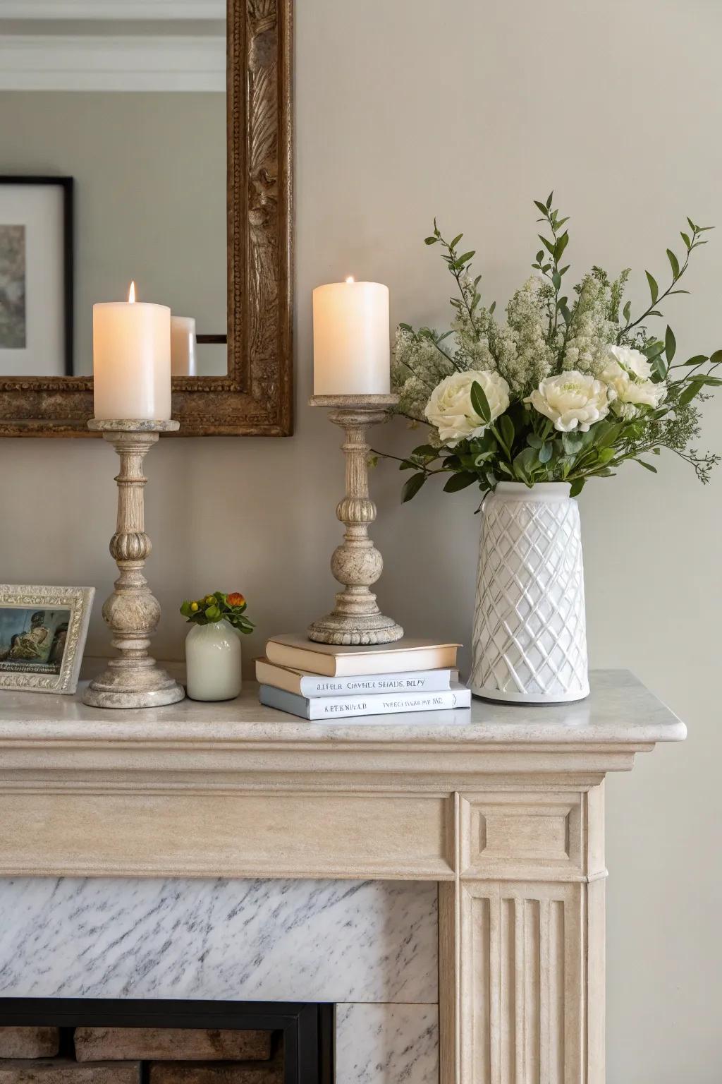 Understated elegance adds a touch of class to this minimalist mantel.