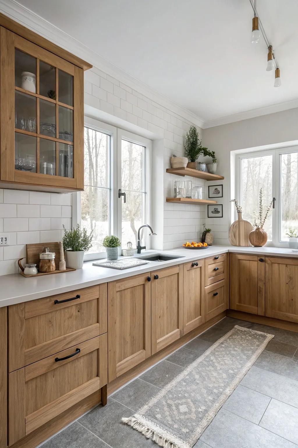A tranquil Scandinavian-style culinary space with unadorned contours and lightwood units.