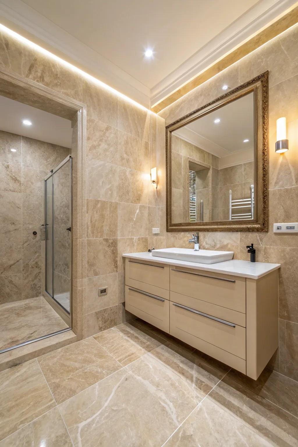 Sandstone-hued limestone-effect porcelain tiles providing warmth and coziness.