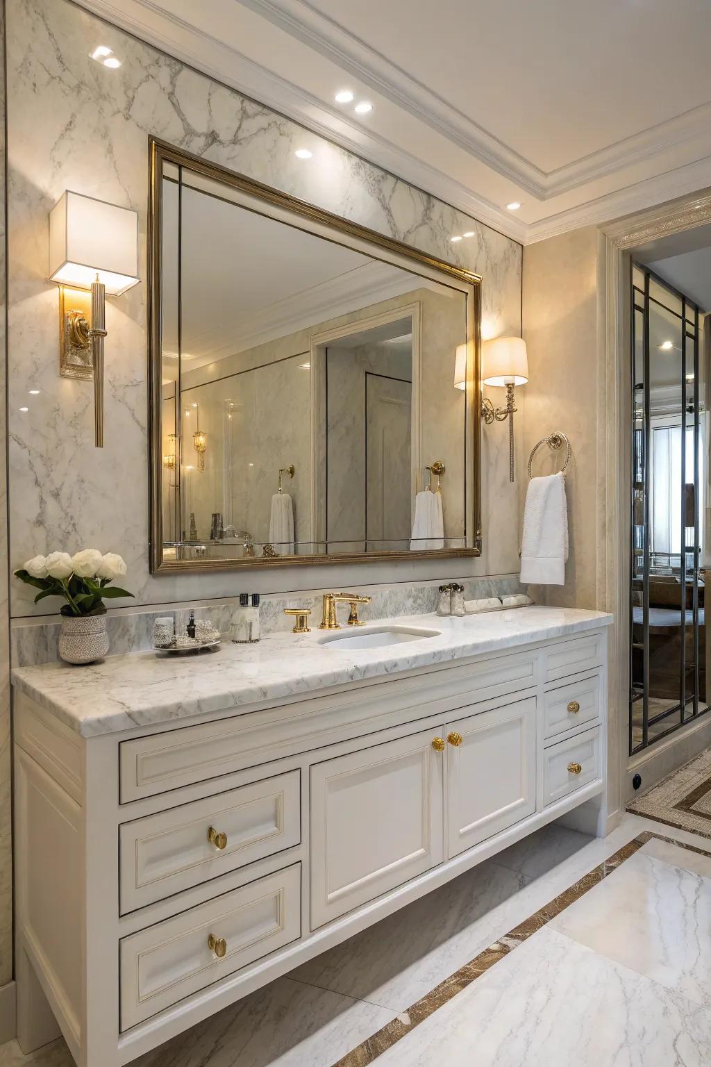 An opulent restroom vanity design that features a streamlined marble countertop.