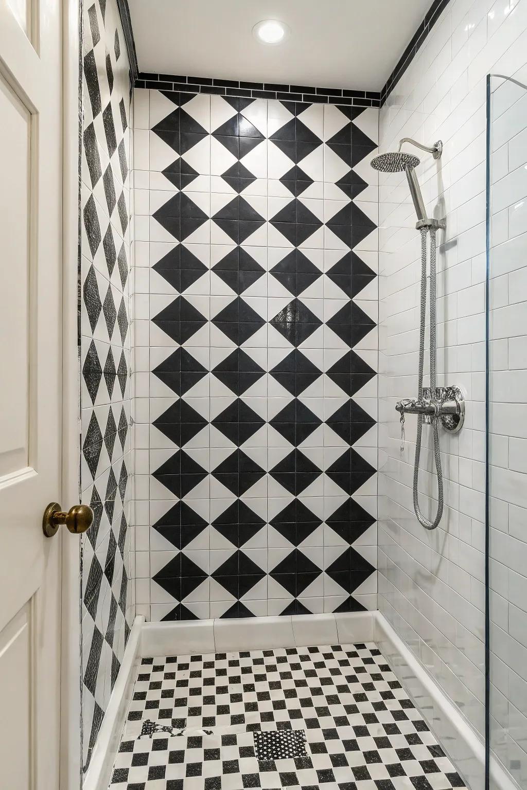 A shower stall exhibiting traditional parquetry patterned pavers for a whimsical, dynamic visage.