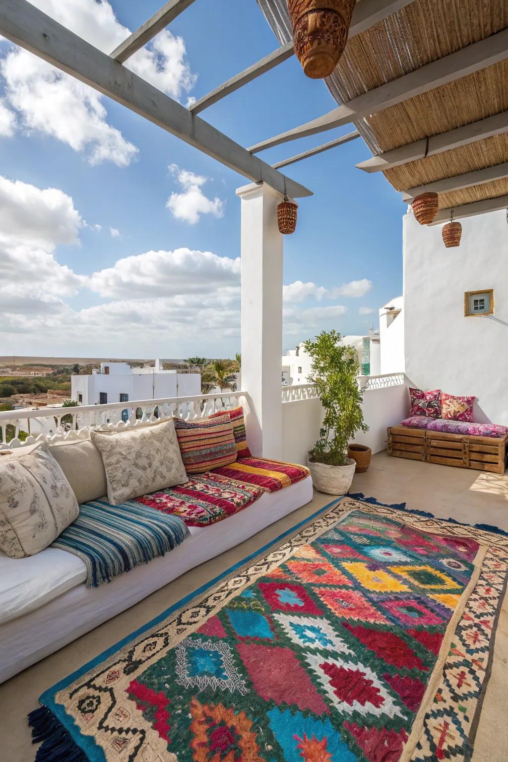 Outdoor rugs lending warmth and a cohesive style to the porch.