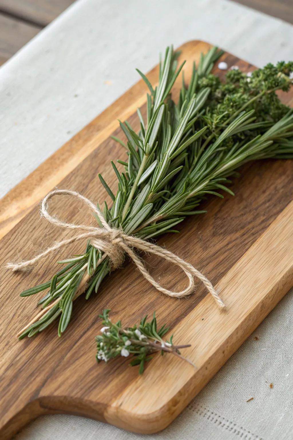 Herbaceous boutonnieres contribute a crisp and fragrant accent.