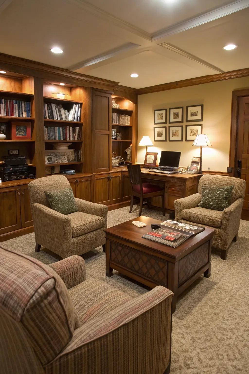 A seating enclave makes this office more inviting and versatile.