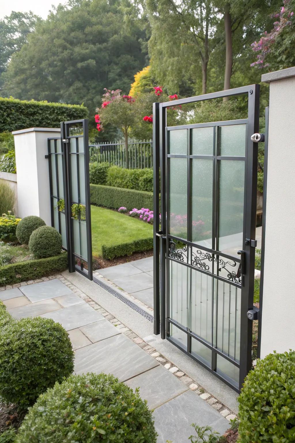 A metal and glass gate that provides a contemporary and airy visual.