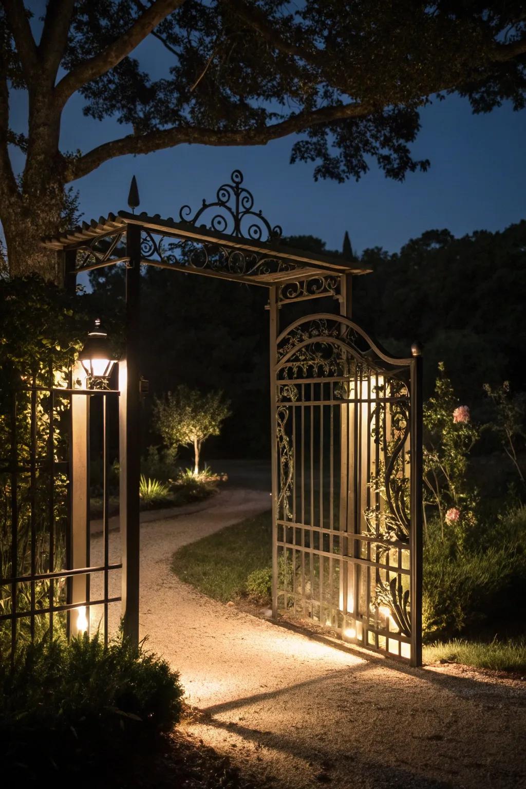Photovoltaic-powered gates illuminate the night with style.